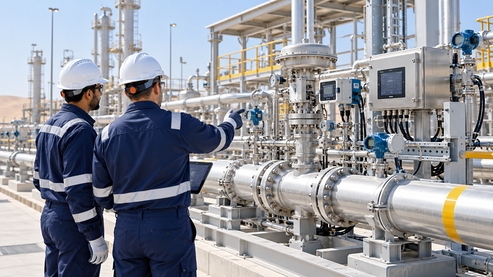 Energy engineers inspecting a pressure regulation and metering station